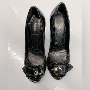 Authentic Fendi Y2K patent leather peep toe buckle heels 38.5